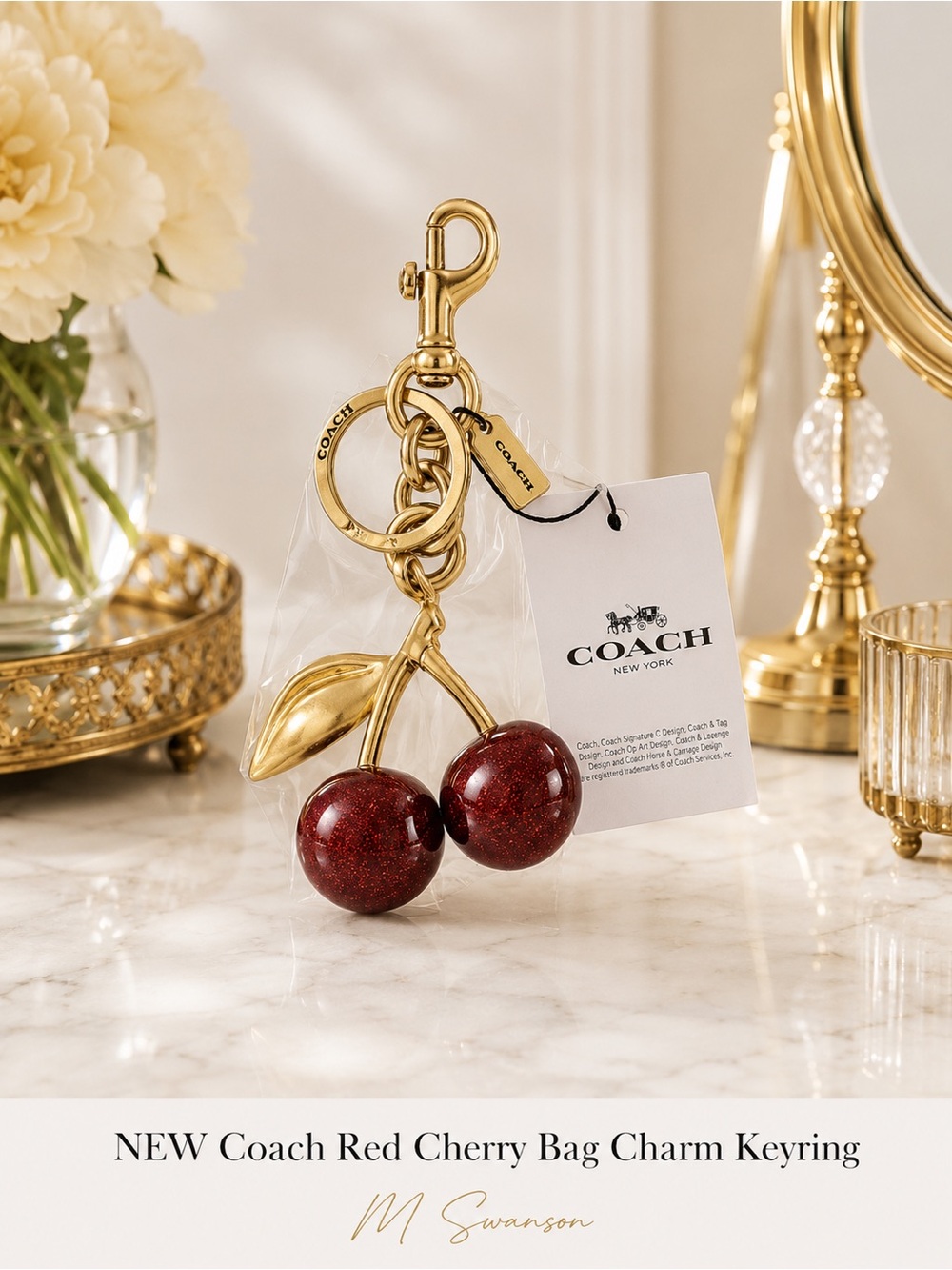 NEW Coach Red Cherry Bag Charm Keyring 77840 NWT Factory Wrapped